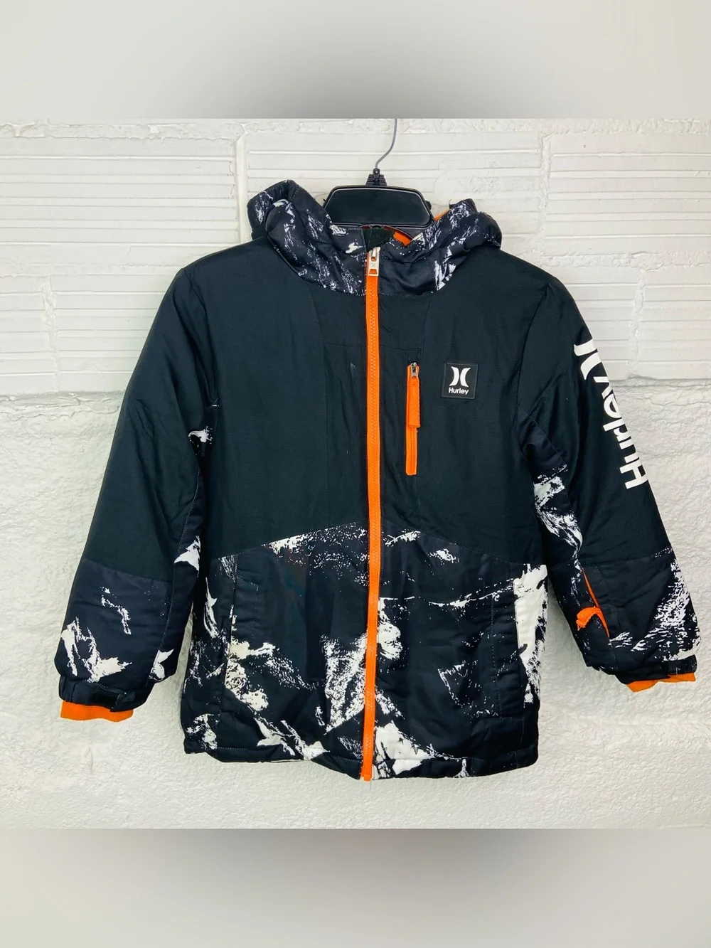 Hurley Kids Black White Print Hooded Jacket with Orange Accents